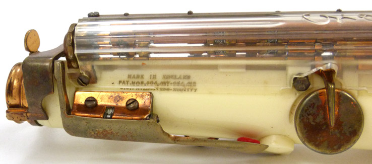 Grafton alto saxophone - close up of patent information